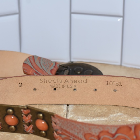 STREET AHEAD Embossed Italian Leather Belt Round Brass Stone Embellished Buckle main image 6